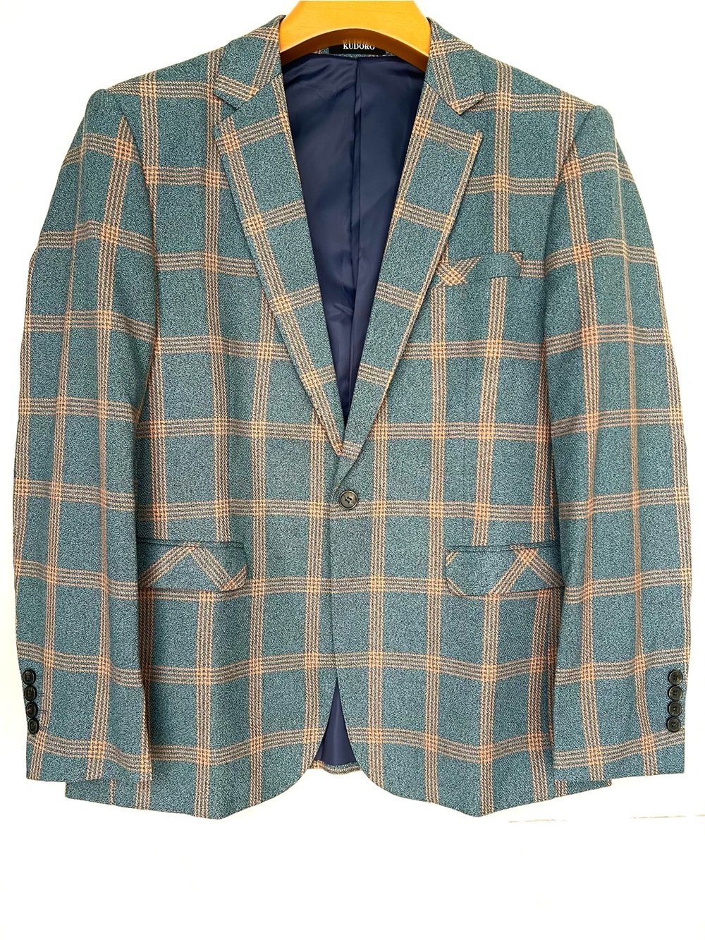 NWOT. Men's Checked Blazer - Teal Windowpane